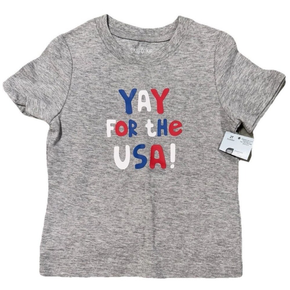 NWT Okie Dokie 2t Yay For USA Gray Tshirt Baby Toddler Girls Red White Blue New
